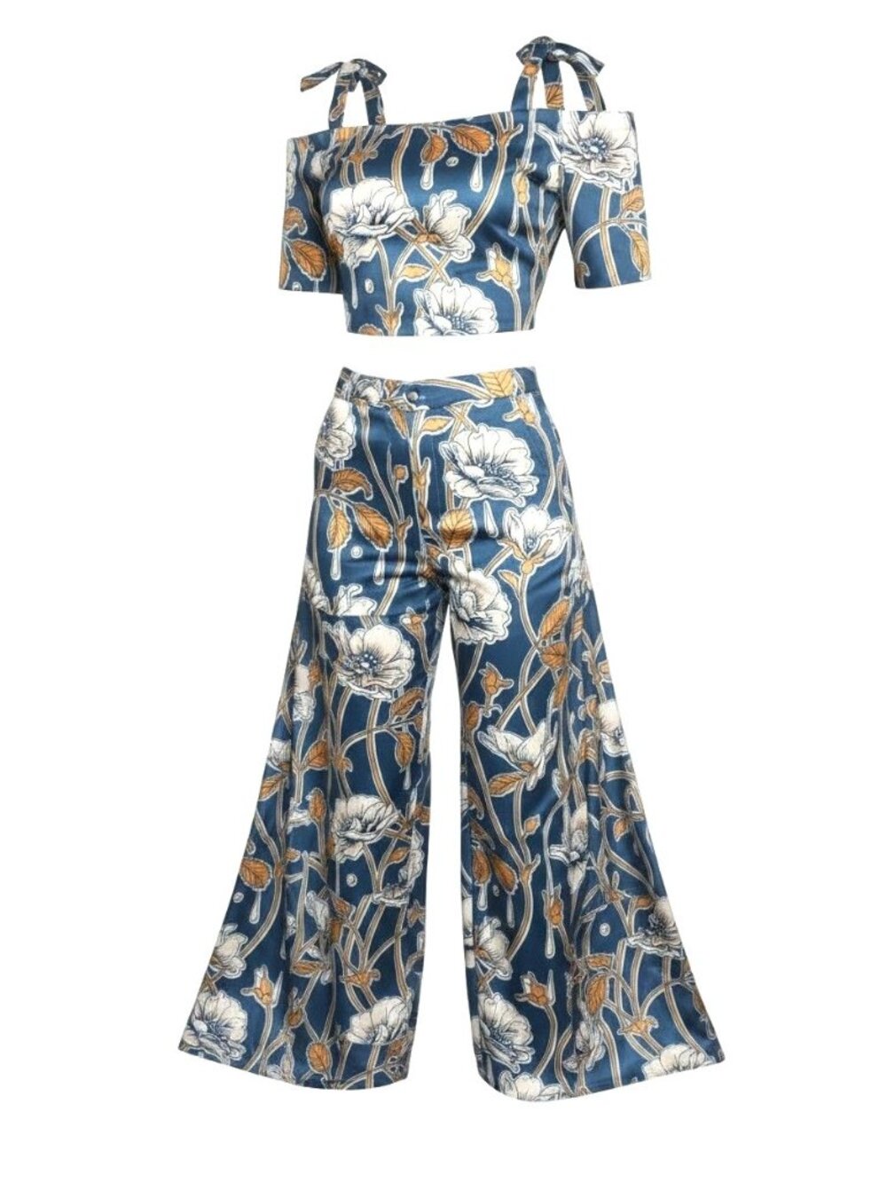 NWT Silvae Blue Floral Two Piece Matching Set Crop Top & Pants Tie Shoulder